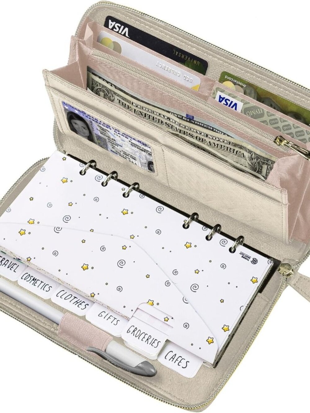Cash Envelope Wallet Beige All in One Budget System RFID Blocking with 12x Tabbe